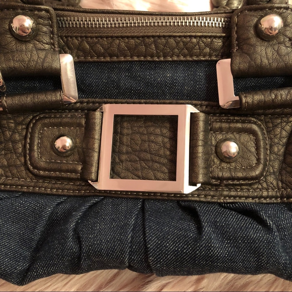 Black Rivet Denim and Leather Satchel Handbag